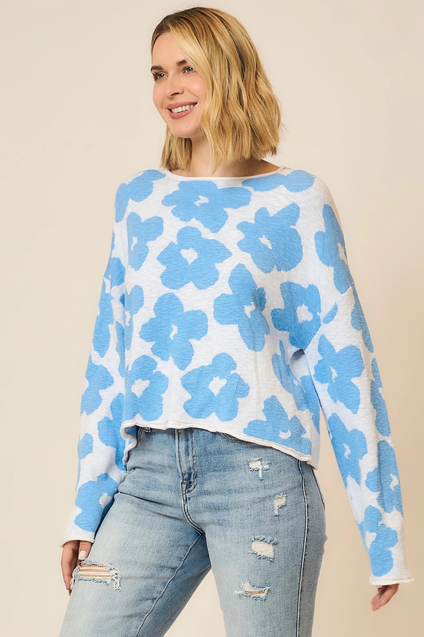 Blue Skies & Blooms Boat Neck Sweater