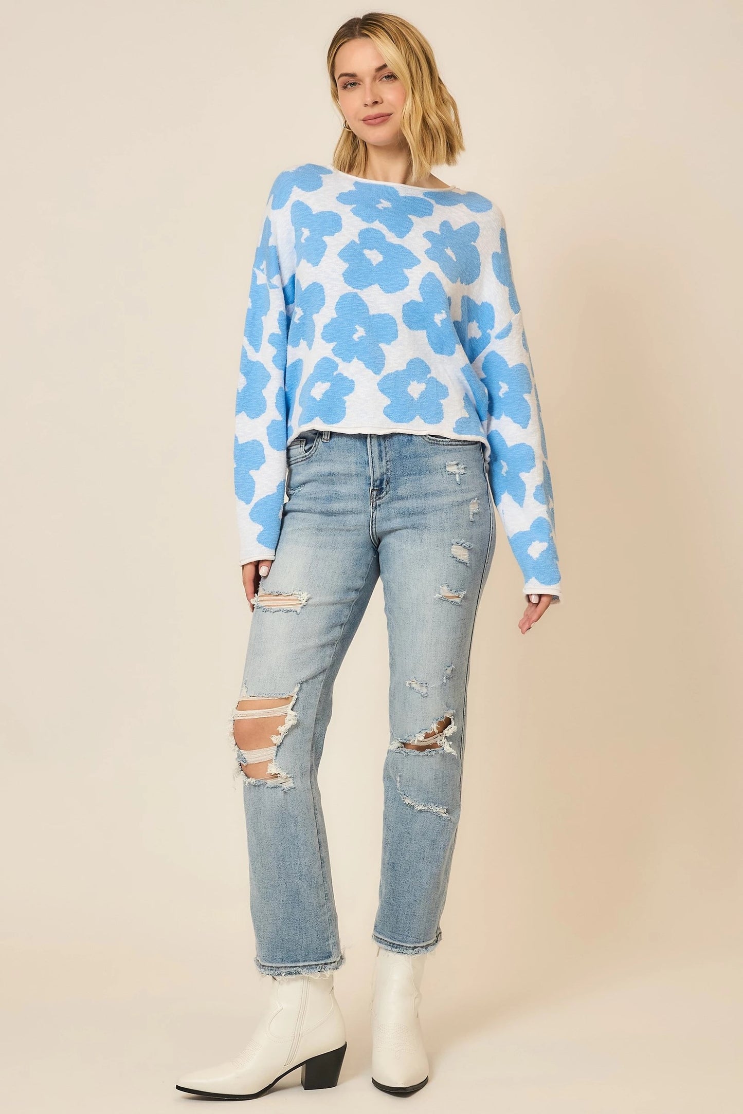Blue Skies & Blooms Boat Neck Sweater