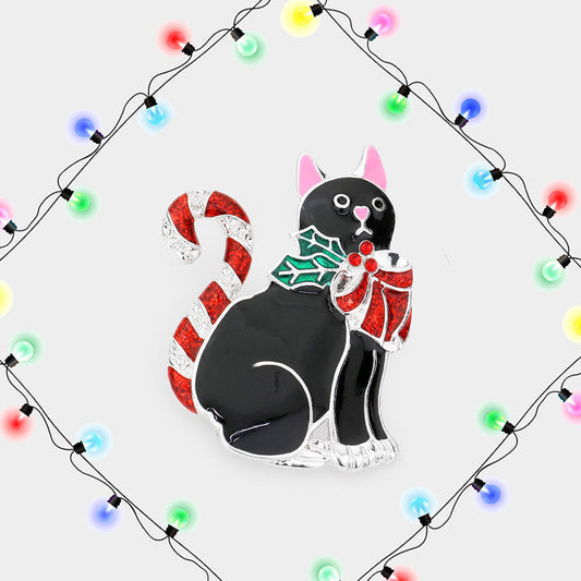 Enamel Christmas Cat Pin Brooch