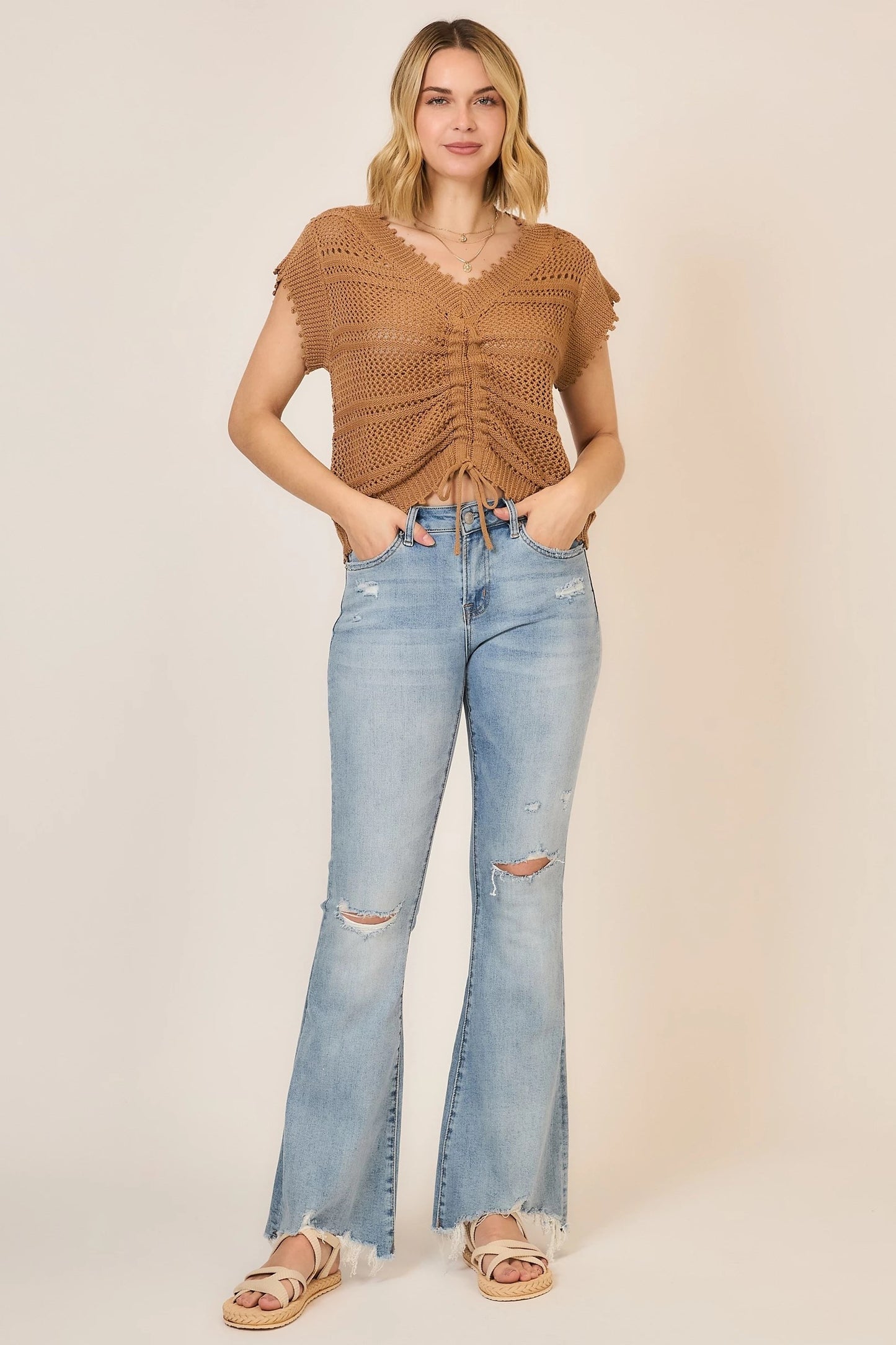 Sweet Spot Ruched V-Neck Knit Top
