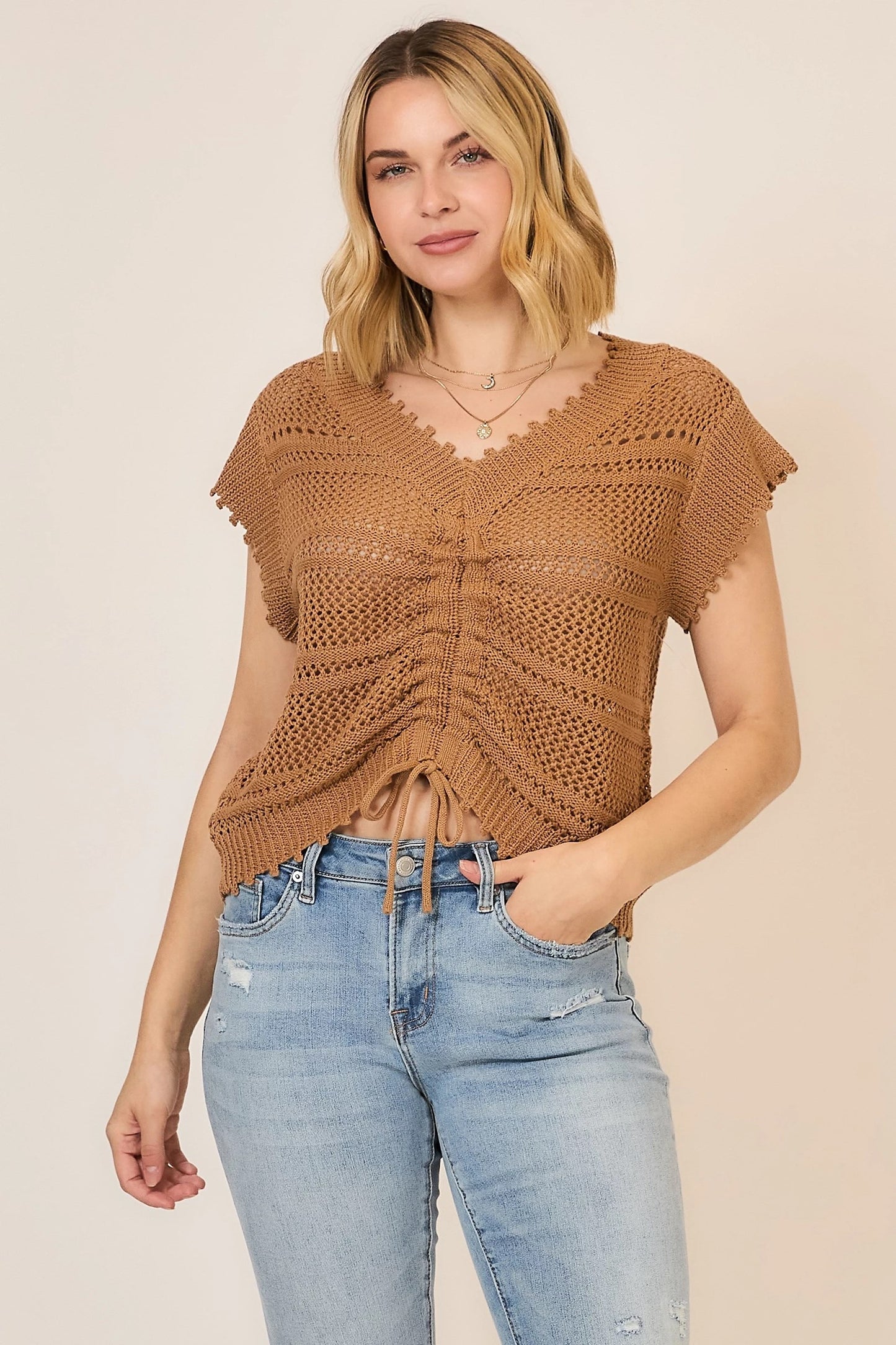 Sweet Spot Ruched V-Neck Knit Top