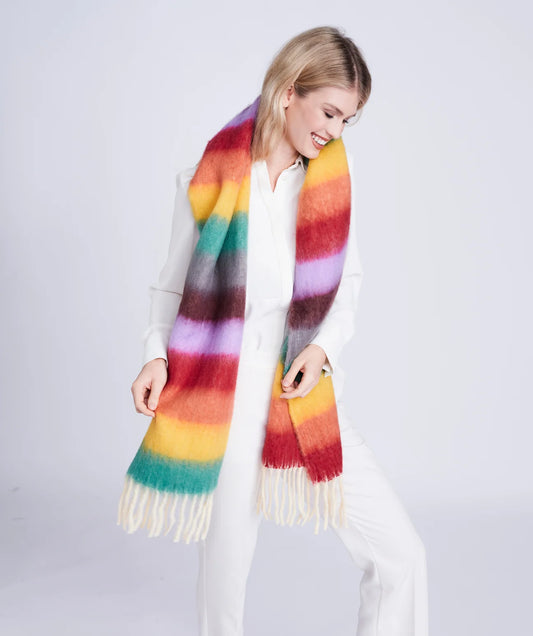 Multicoloured Striped Blanket Scarf with Fringed Hemline