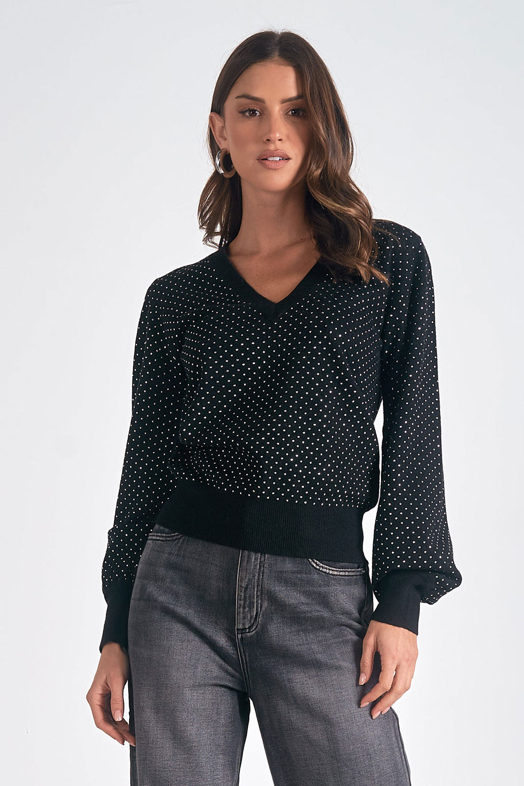 Bishop Sleeve V-Neck Dot Sweater Pizzazz Beloit