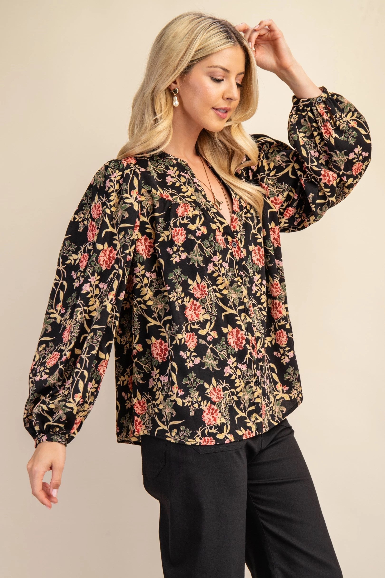 Bishop Sleeve V-Neck Floral Button Up Blouse Pizzazz Beloit