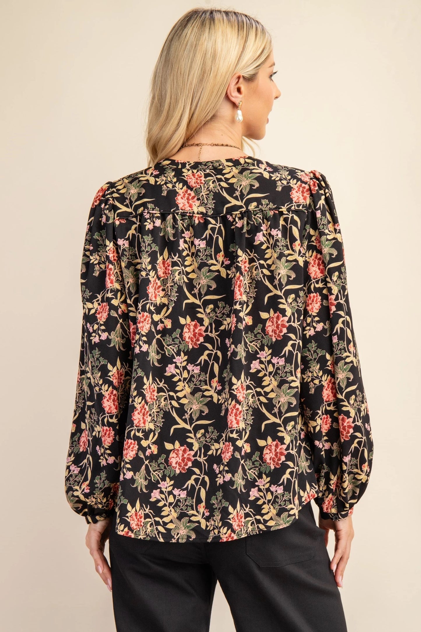 Bishop Sleeve V-Neck Floral Button Up Blouse Pizzazz Beloit