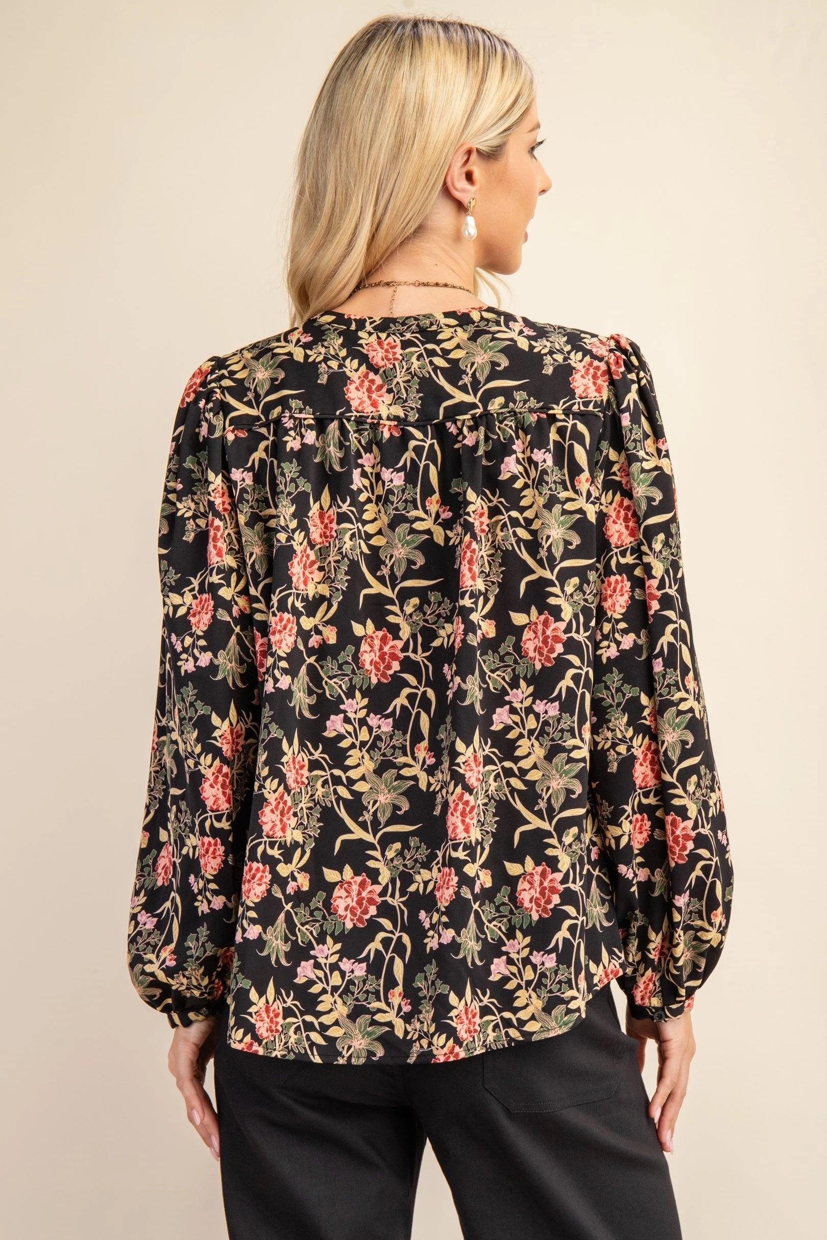 Bishop Sleeve V-Neck Floral Button Up Blouse Pizzazz Beloit