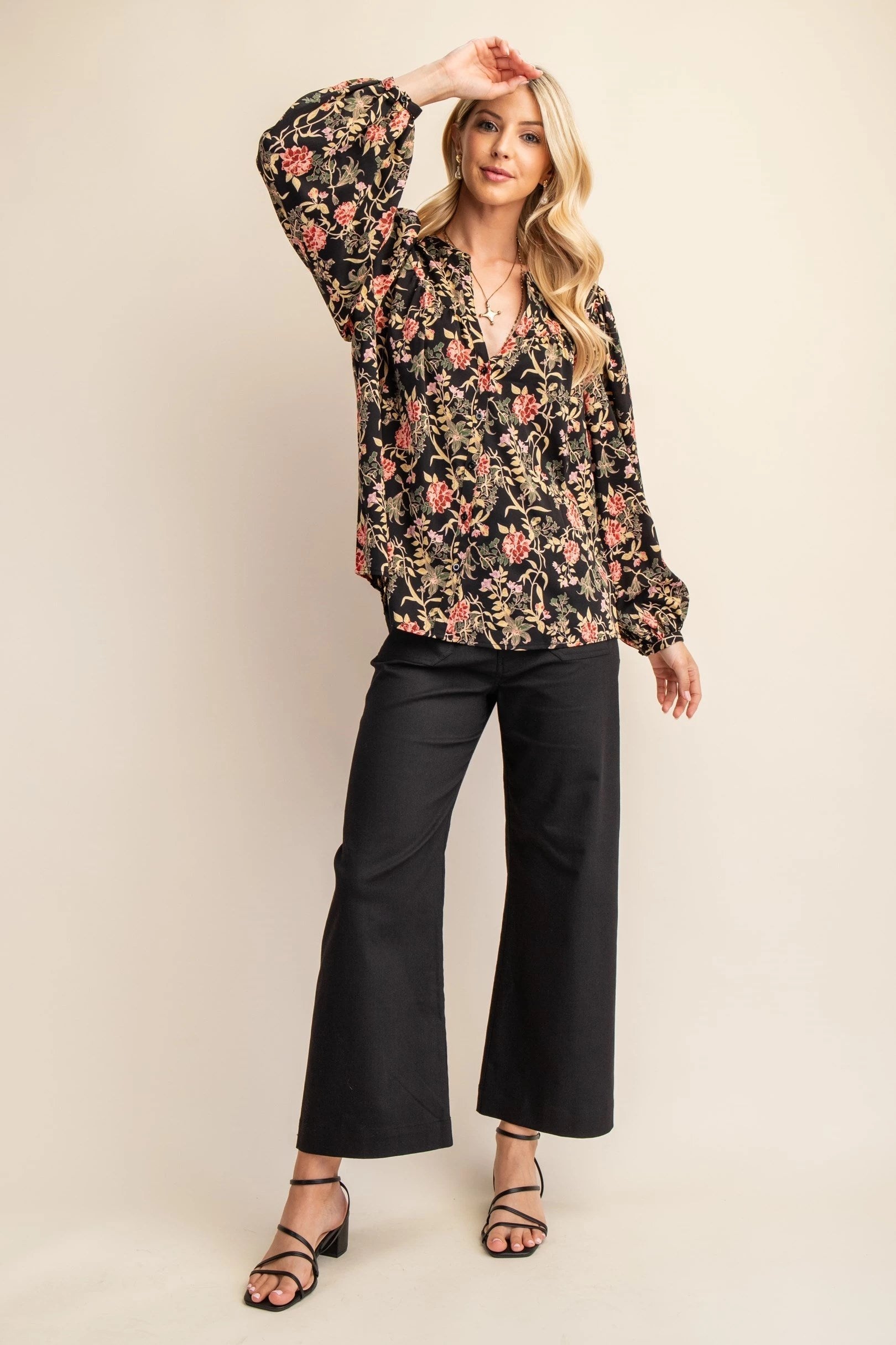Bishop Sleeve V-Neck Floral Button Up Blouse Pizzazz Beloit
