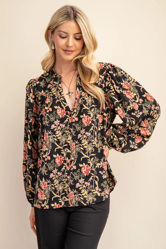 Bishop Sleeve V-Neck Floral Button Up Blouse Pizzazz Beloit