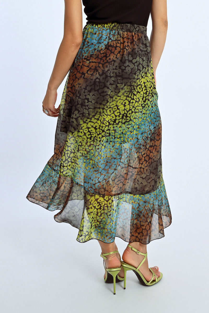 Bold Print Ruffle Accent Wrap Skirt Back View Pizzazz Beloit
