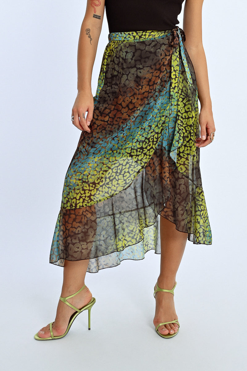 Bold Print Ruffle Accent Wrap Skirt Close View Pizzazz Beloit