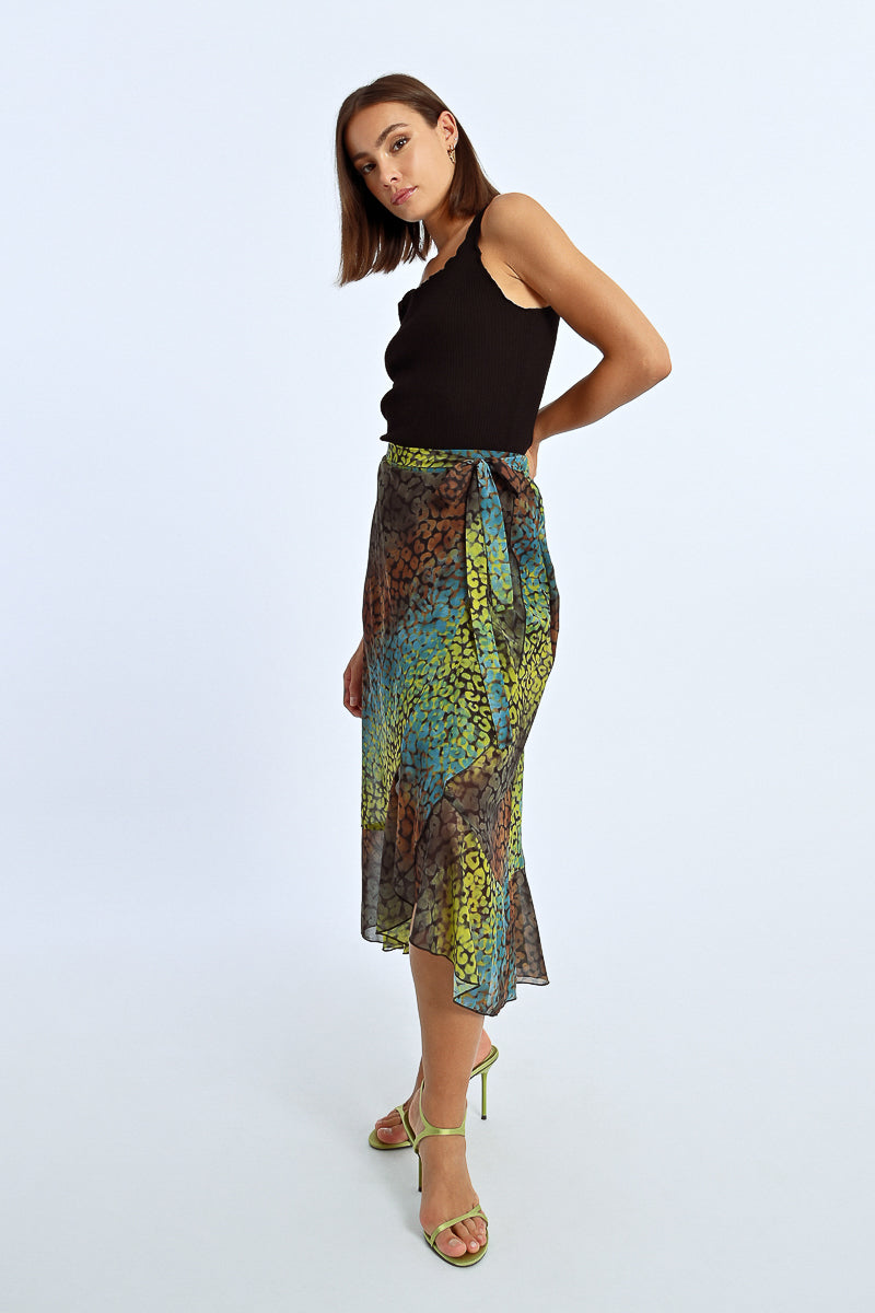 Bold Print Ruffle Accent Wrap Skirt Full View Pizzazz Beloit