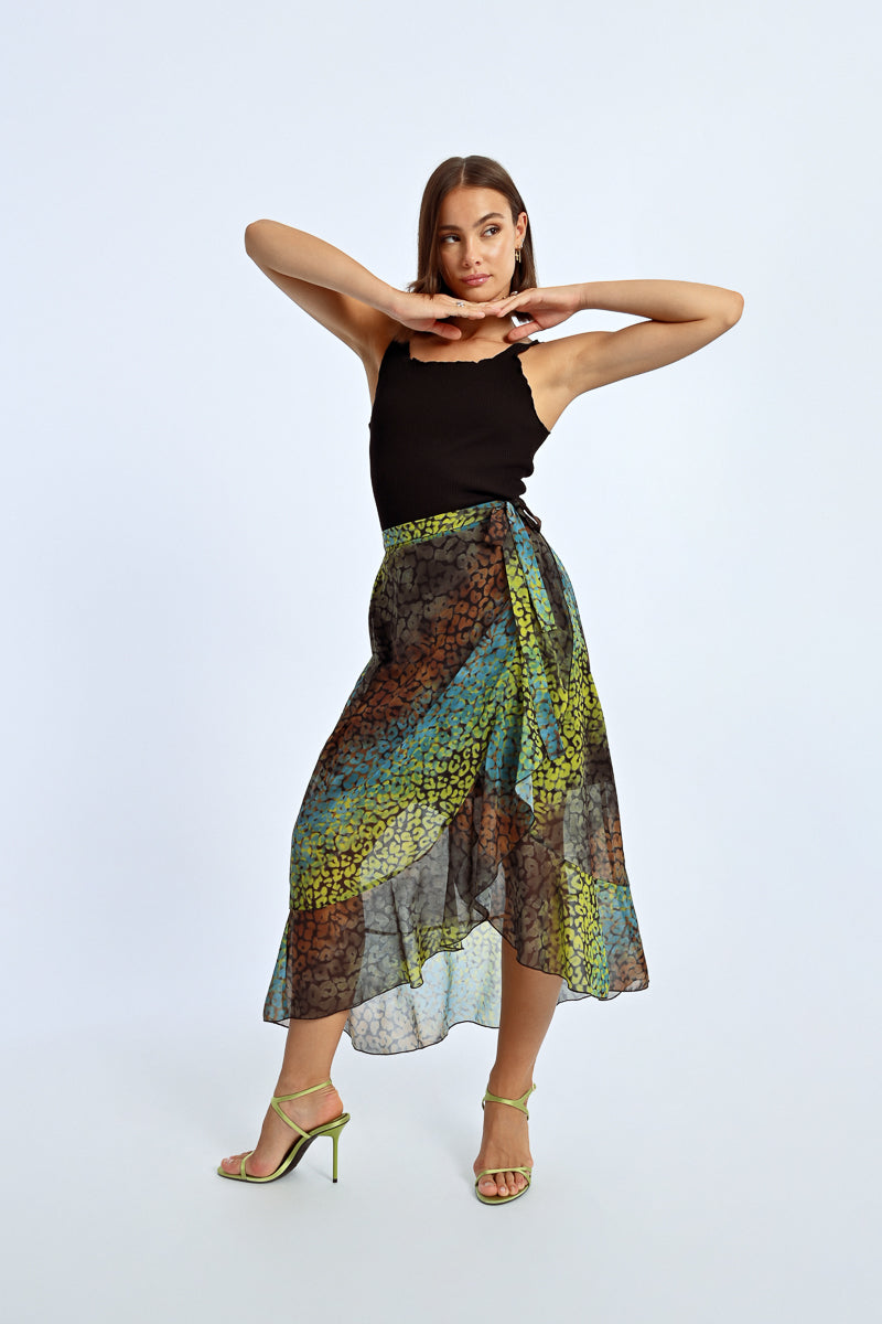 Bold Print Ruffle Accent Wrap Skirt Pizzazz Beloit