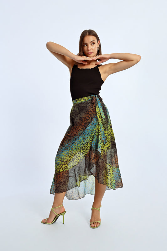 Bold Print Ruffle Accent Wrap Skirt Pizzazz Beloit