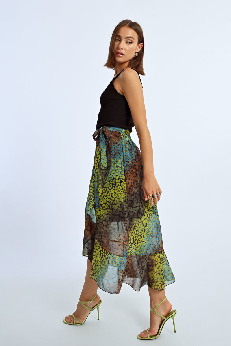 Bold Print Ruffle Accent Wrap Skirt Side View Pizzazz Beloit