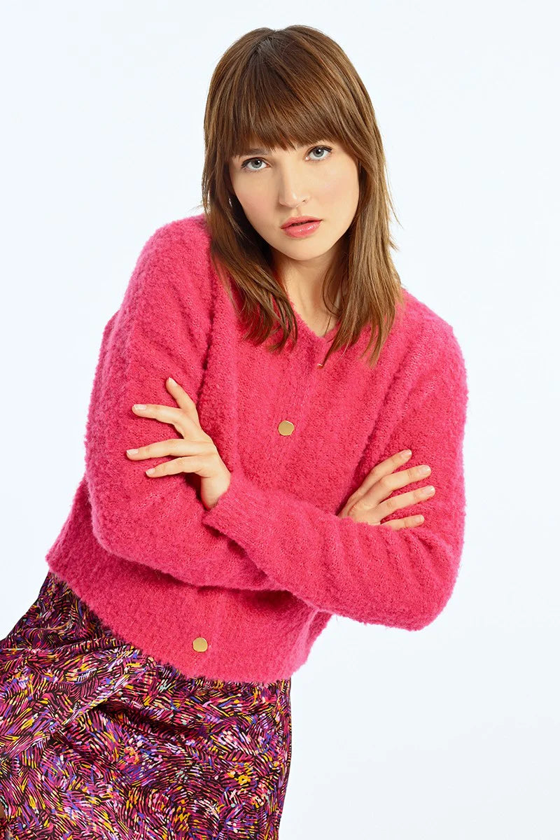 Boucle Knit Gold Button Accent Cardigan Sweater Pizzazz Beloit