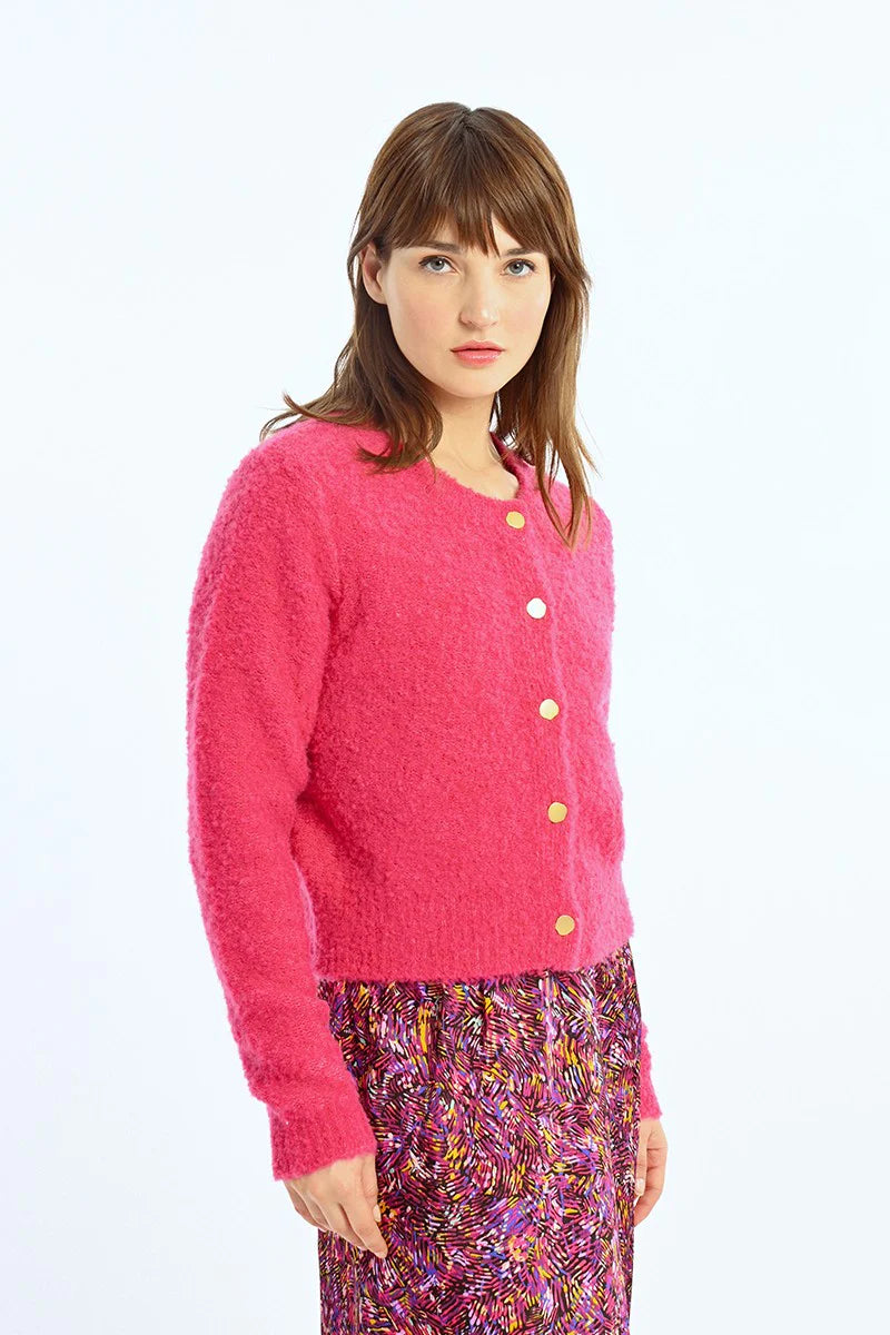 Boucle Knit Gold Button Accent Cardigan Sweater Pizzazz Beloit