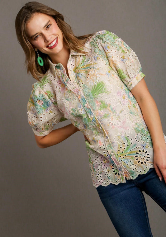 Scalloped Edge Watercolor Floral Top