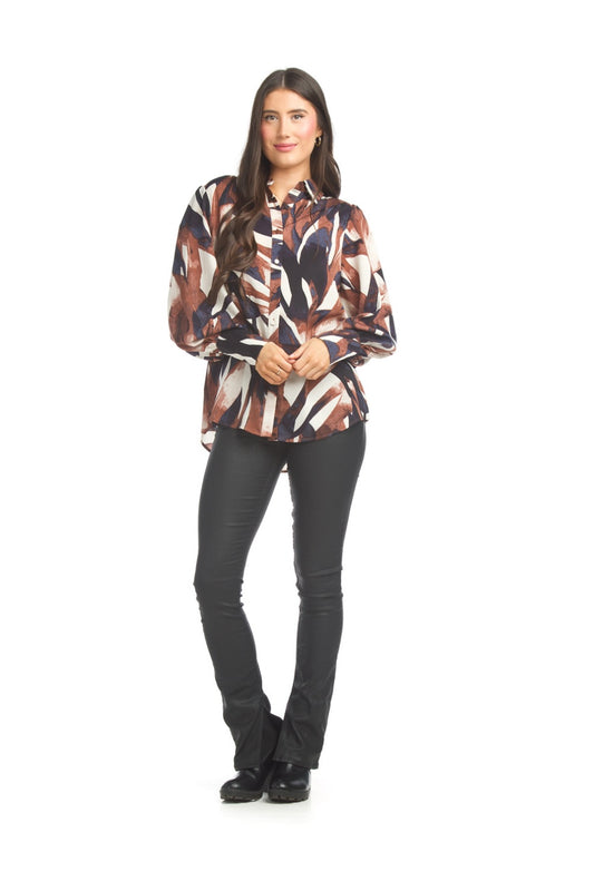 Chocolate Abstract Collared Blouse Pizzazz Beloit