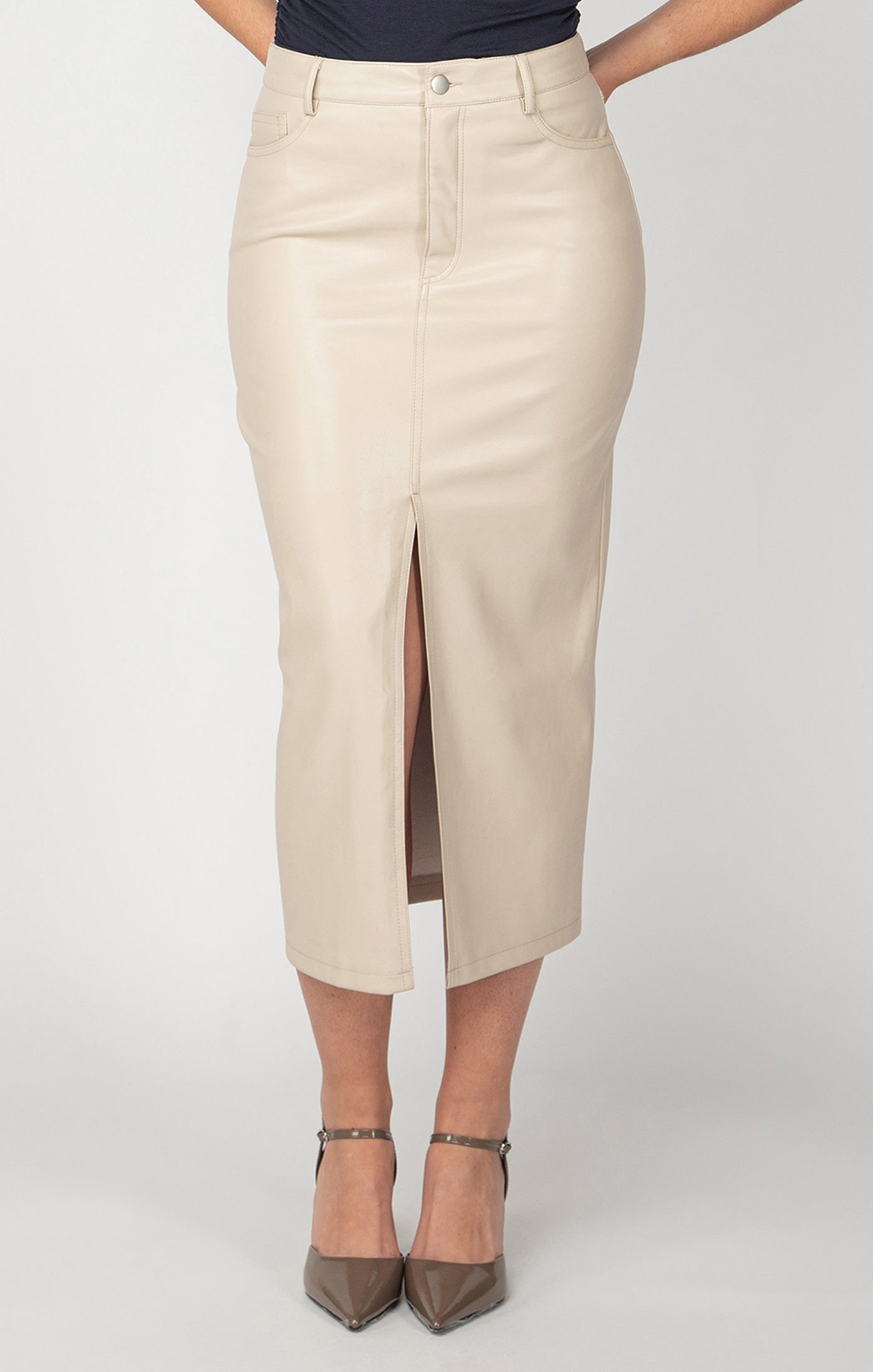 Cream Faux Leather Midi Skirt Pizzazz Beloit
