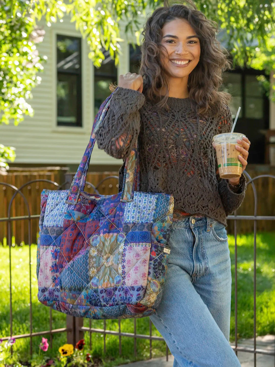 Natural Life Large Blue Patchwork Reversible Puffy Tote Bag