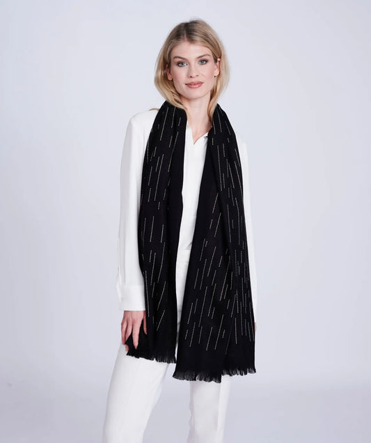 Black Cashmere Feel Scarf With Diamante Embellishment and Frayed Hem
