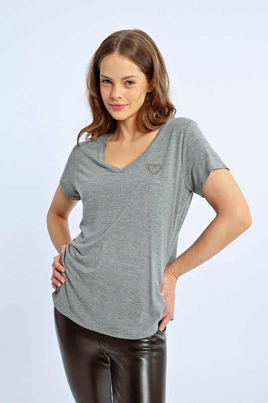 Heart Accent V-Neck Tee