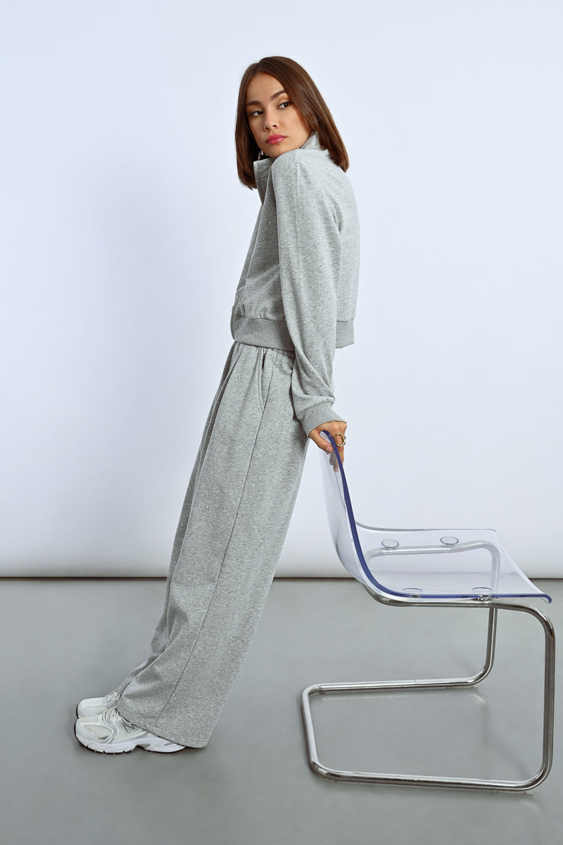 Grey Drawstring Waist Wide Leg Jersey Pants