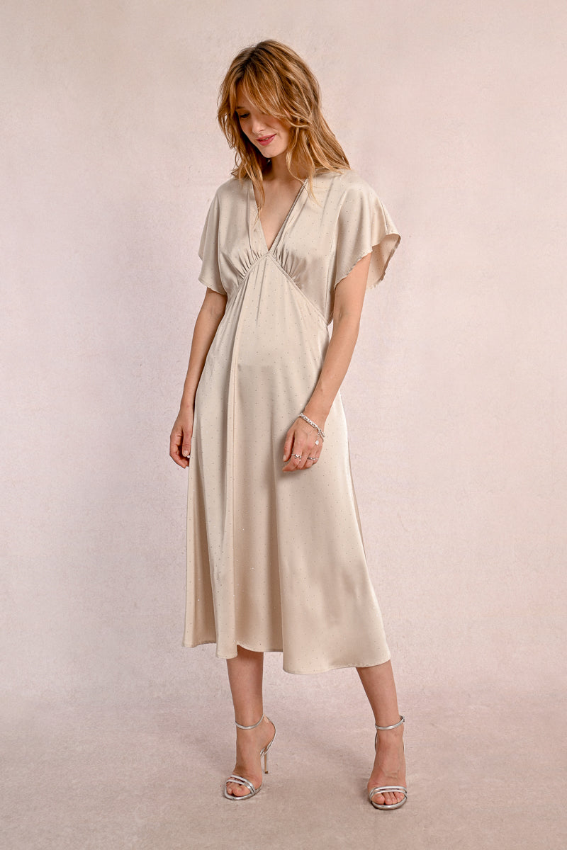 Champagne Flutter Sleeve Maxi Dress