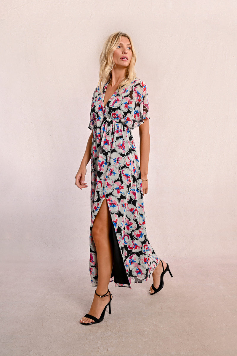 Empire Waist High Slit Floral Maxi Dress Side View Pizzazz Beloit