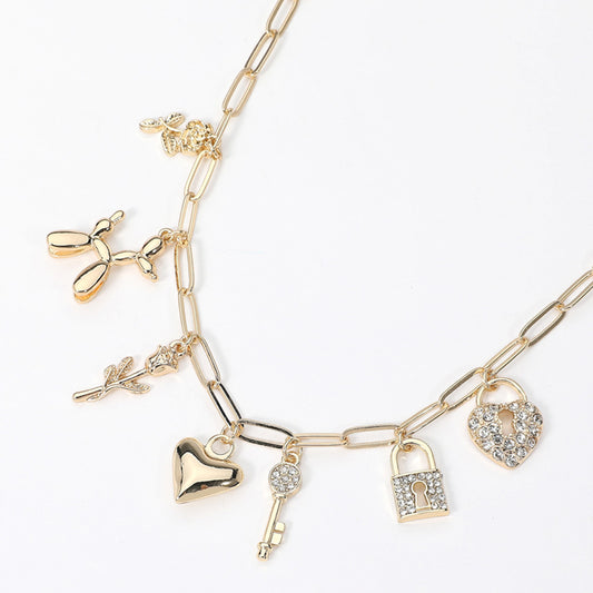 Stone Paved Key Lock Rose Balloon Dog Heart Charm Station Paperclip Chain Necklace