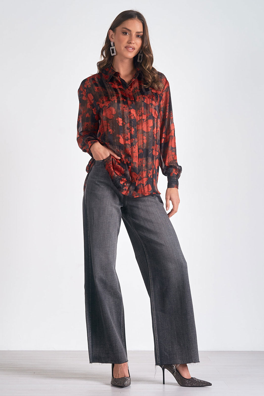 Floral Pleated Button Up Shirt Pizzazz Beloit
