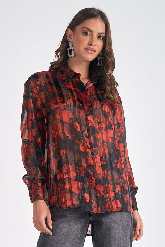 Floral Pleated Button Up Shirt Pizzazz Beloit
