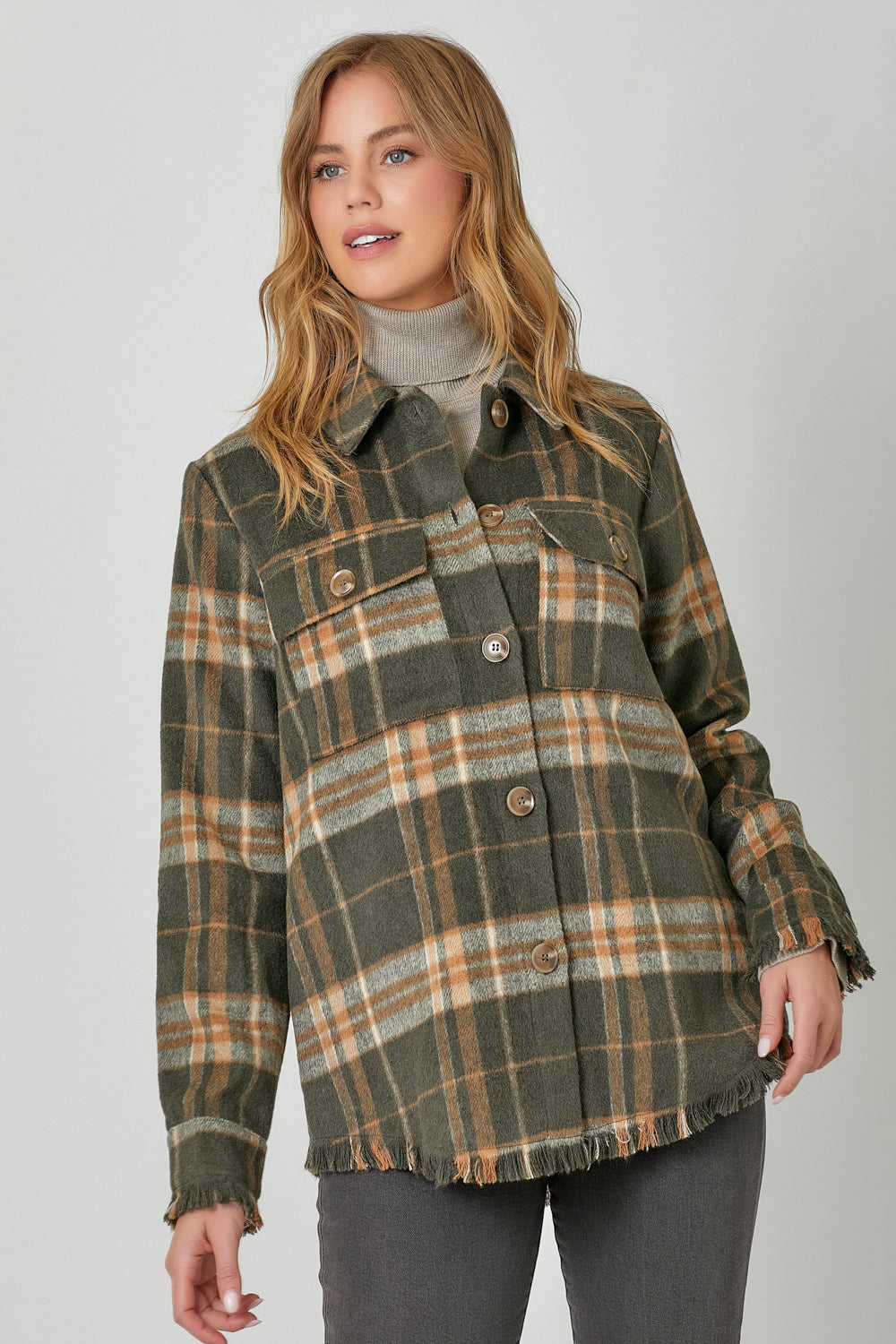 Fringe Detailed Plaid Button Down Flannel Shirt Pizzazz Beloit
