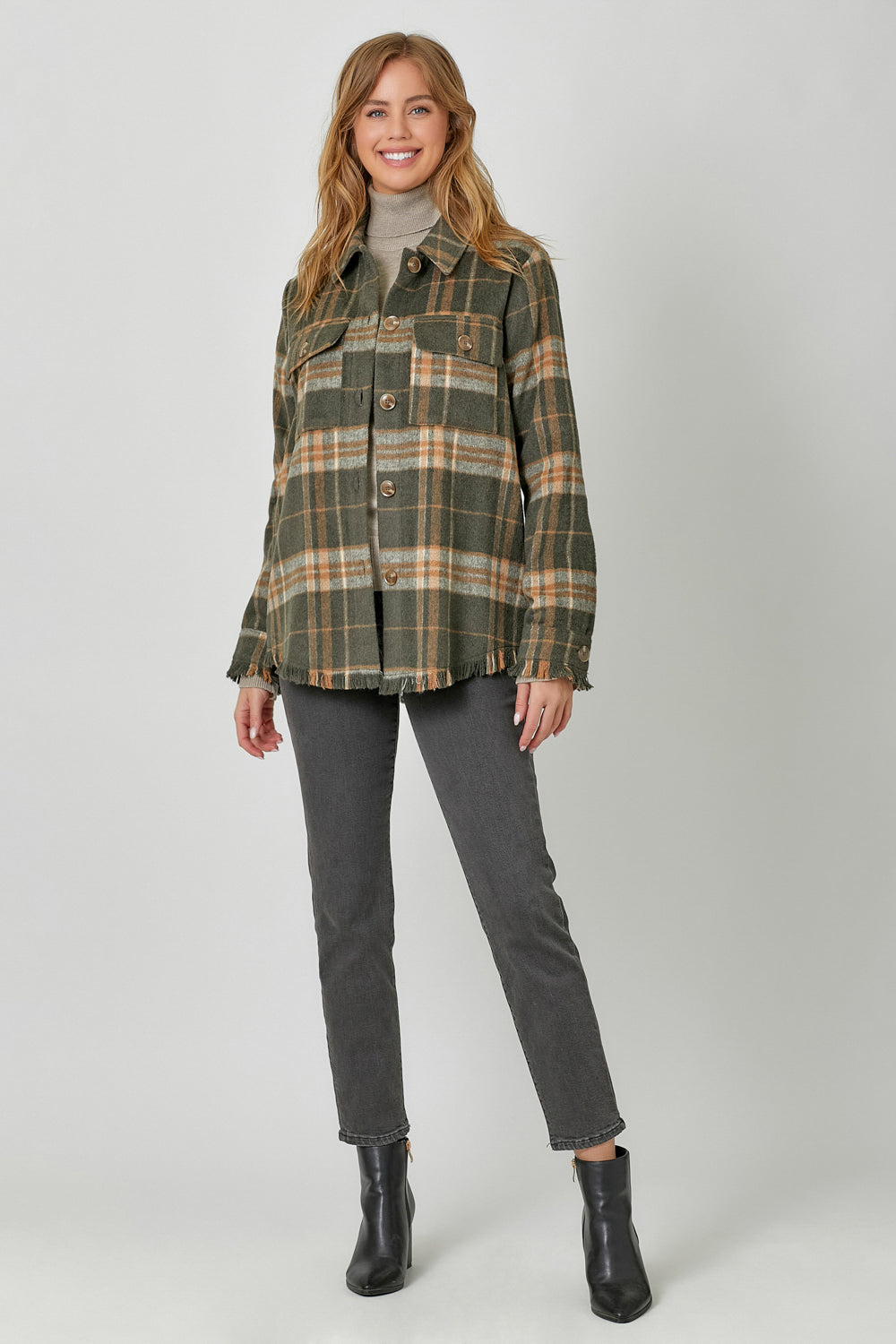 Fringe Detailed Plaid Button Down Flannel Shirt Pizzazz Beloit