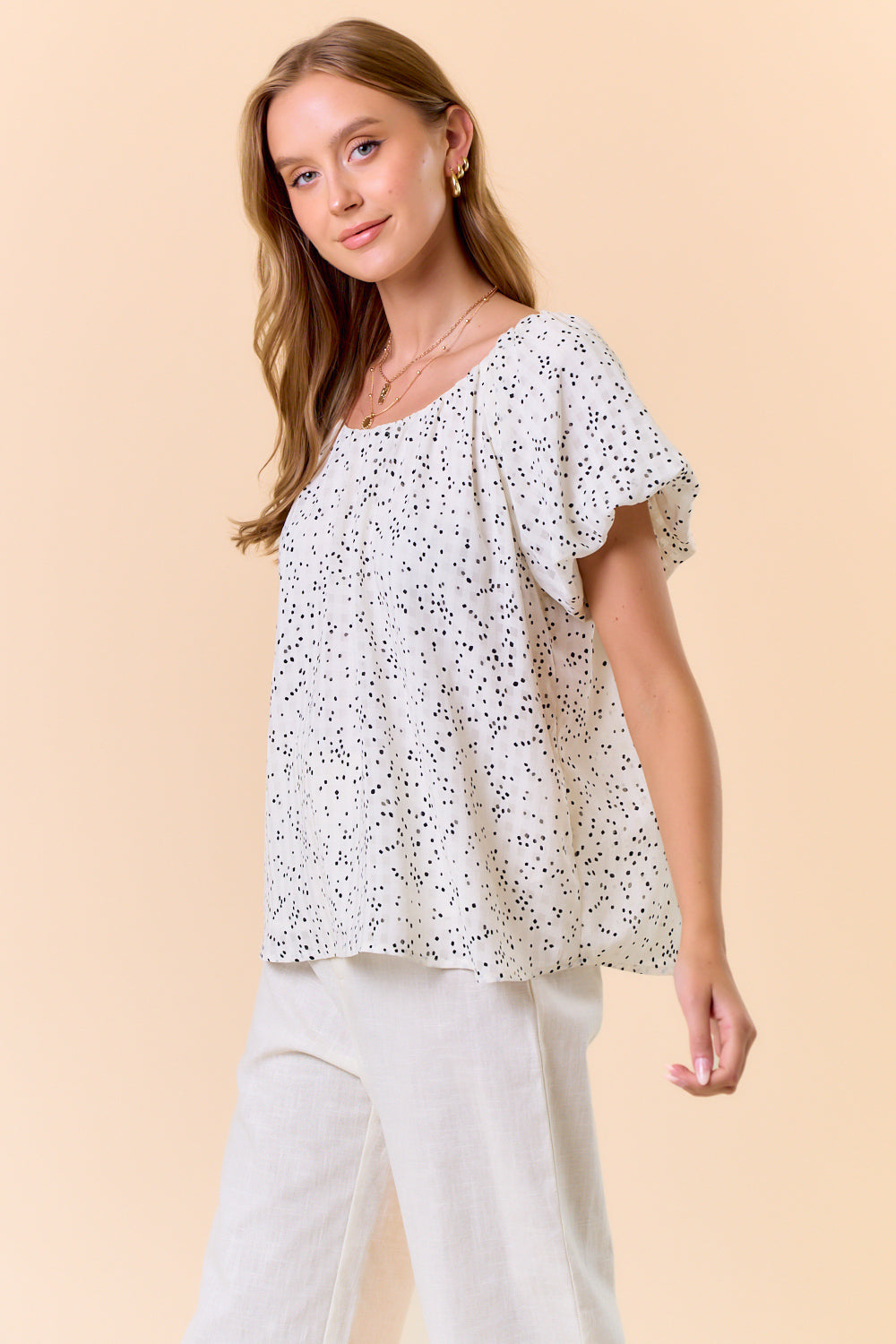 Gathered Neck Elegant Bubble Sleeve Raglan Top Side View Pizzazz Beloit