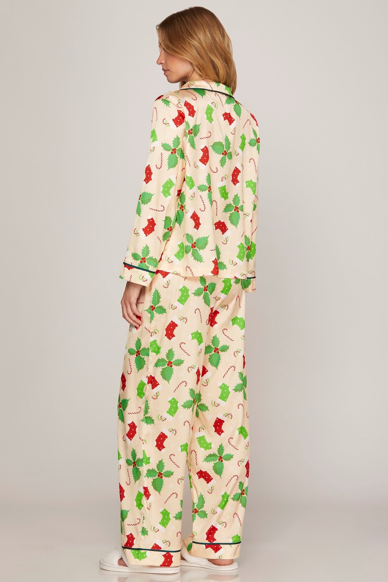 Holiday Print Satin Button Up Pajama Set Pizzazz Beloit