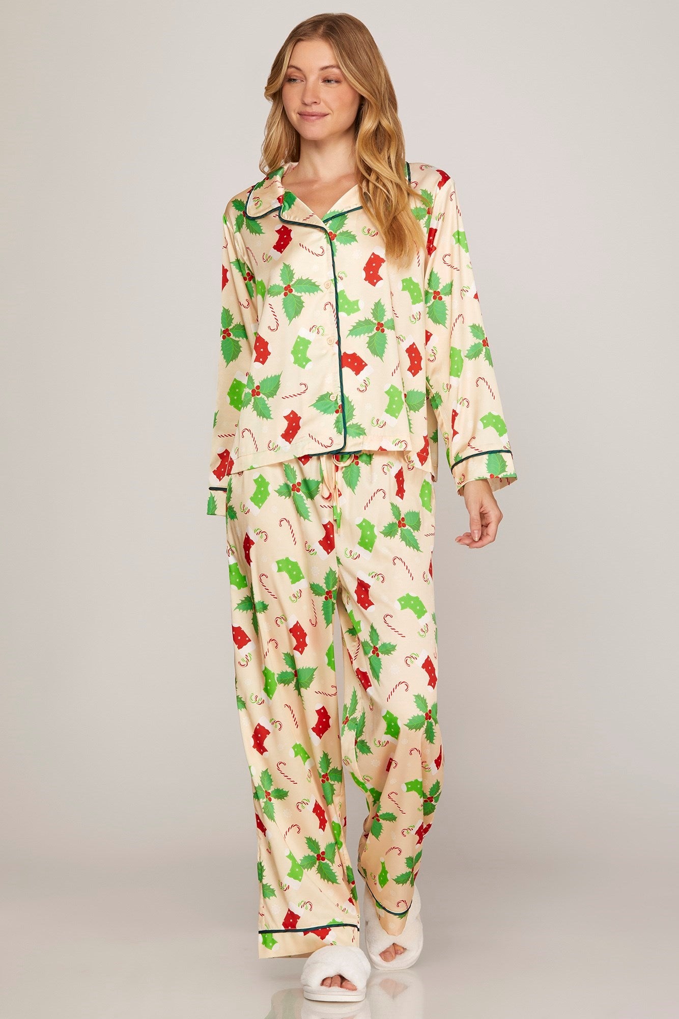 Holiday Print Satin Button Up Pajama Set Pizzazz Beloit