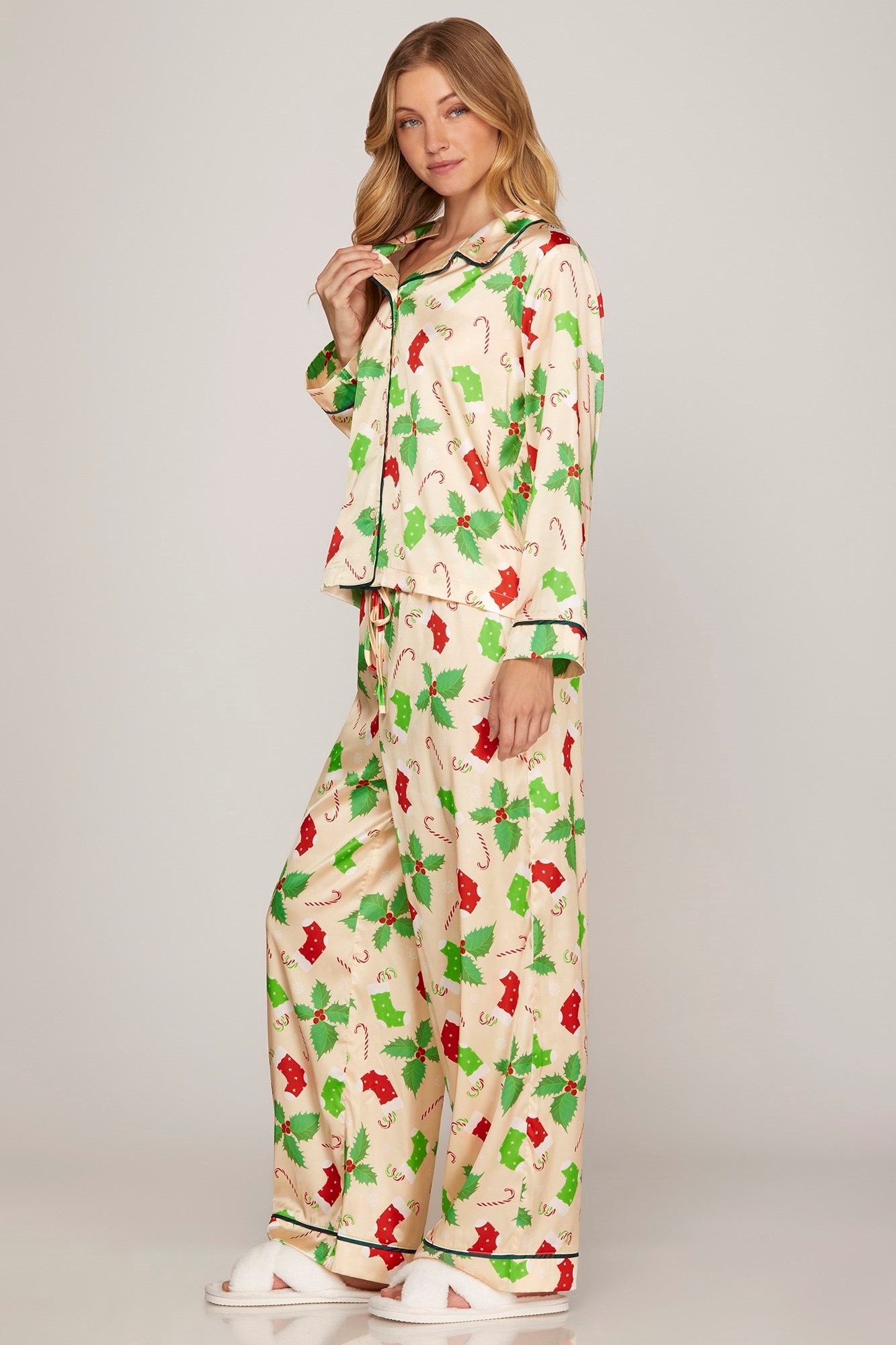 Holiday Print Satin Button Up Pajama Set Pizzazz Beloit