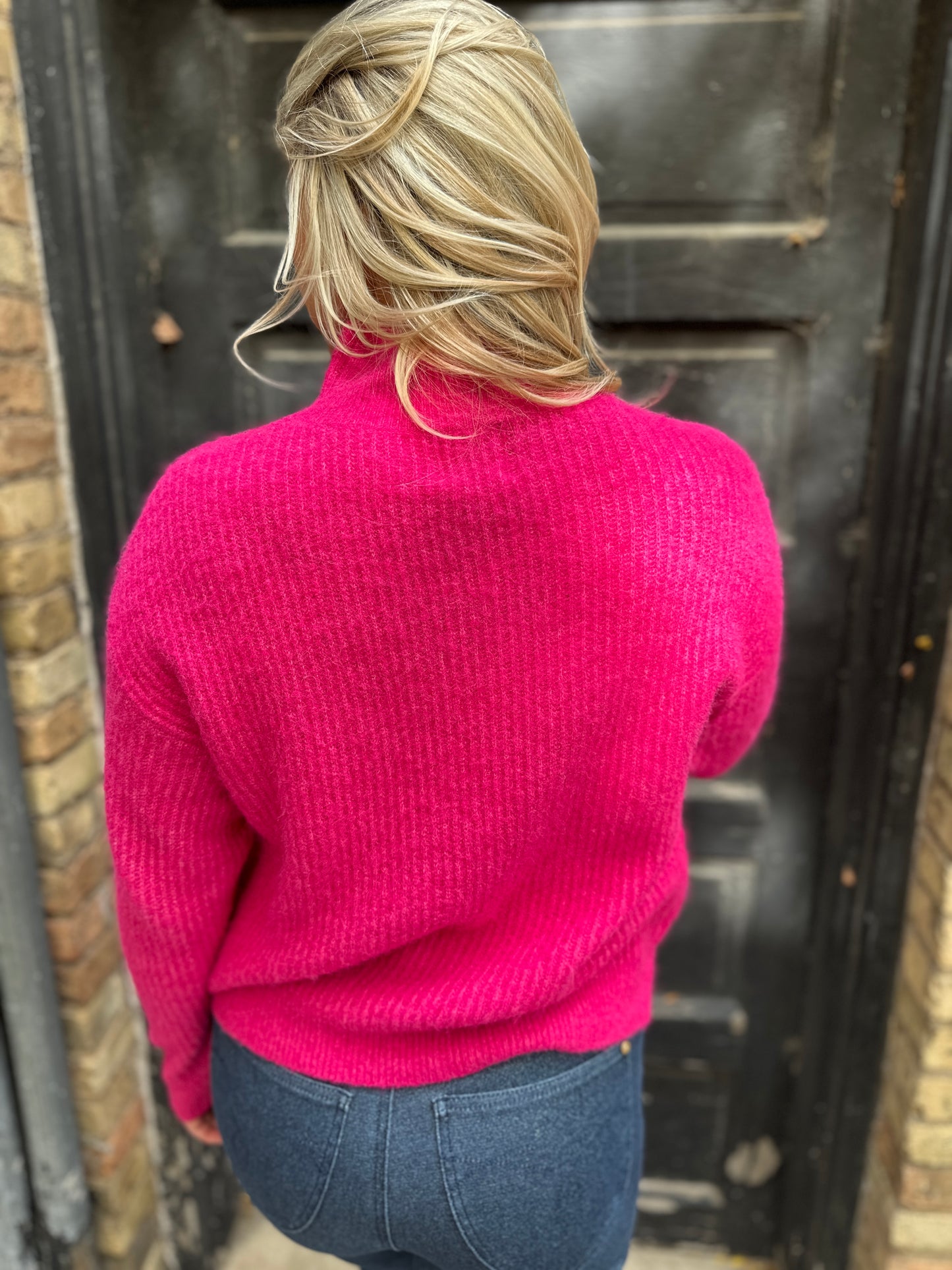 Think Pink Ribbed Mock Neck Sweater