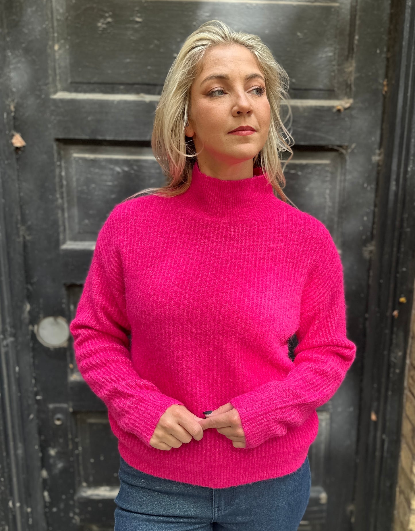 Think Pink Ribbed Mock Neck Sweater