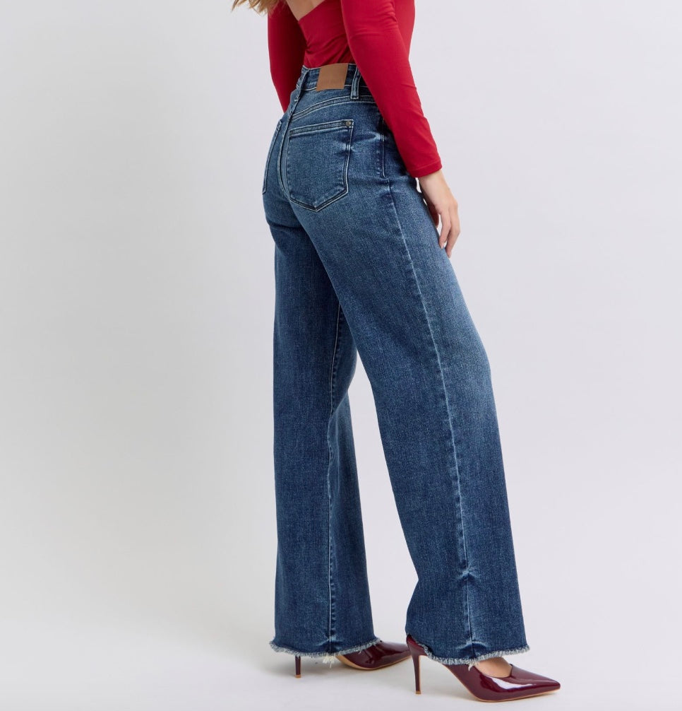 Judy Blue Mid Rise Raw Hem Wide Leg Jeans