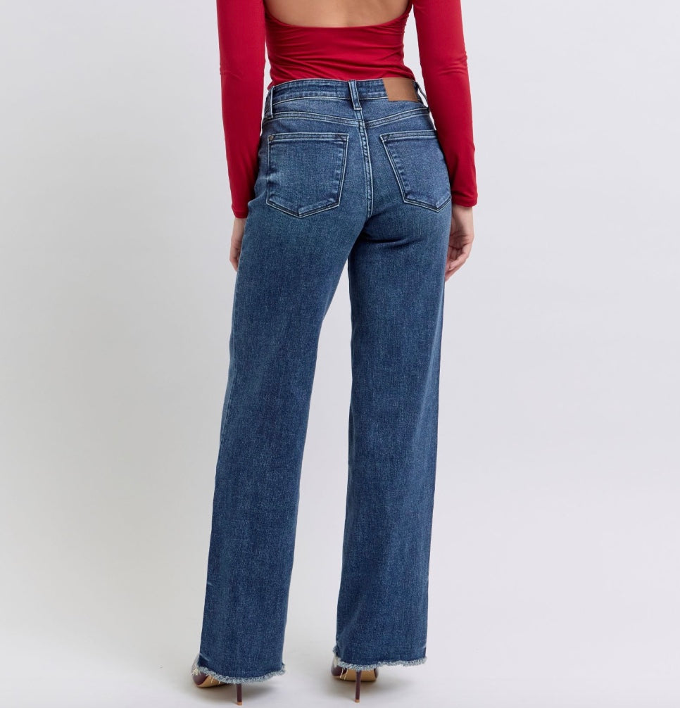 Judy Blue Mid Rise Raw Hem Wide Leg Jeans