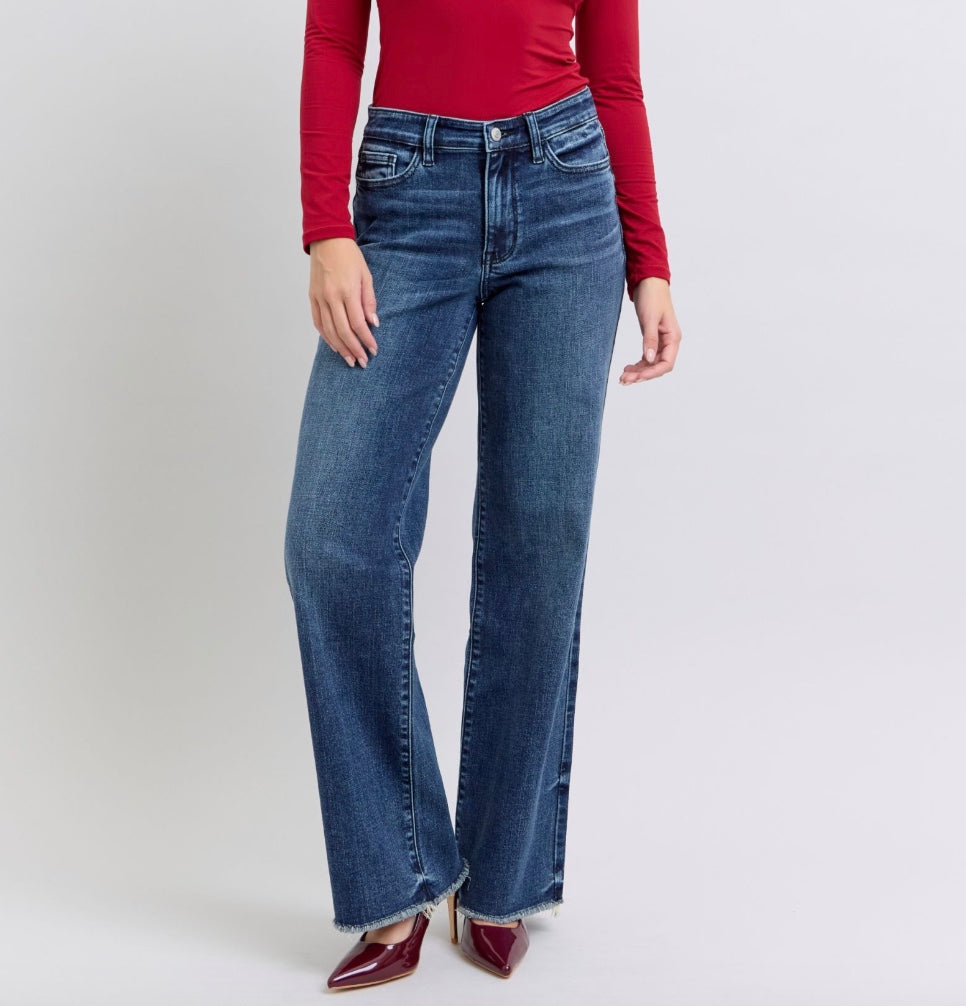 Judy Blue Mid Rise Raw Hem Wide Leg Jeans