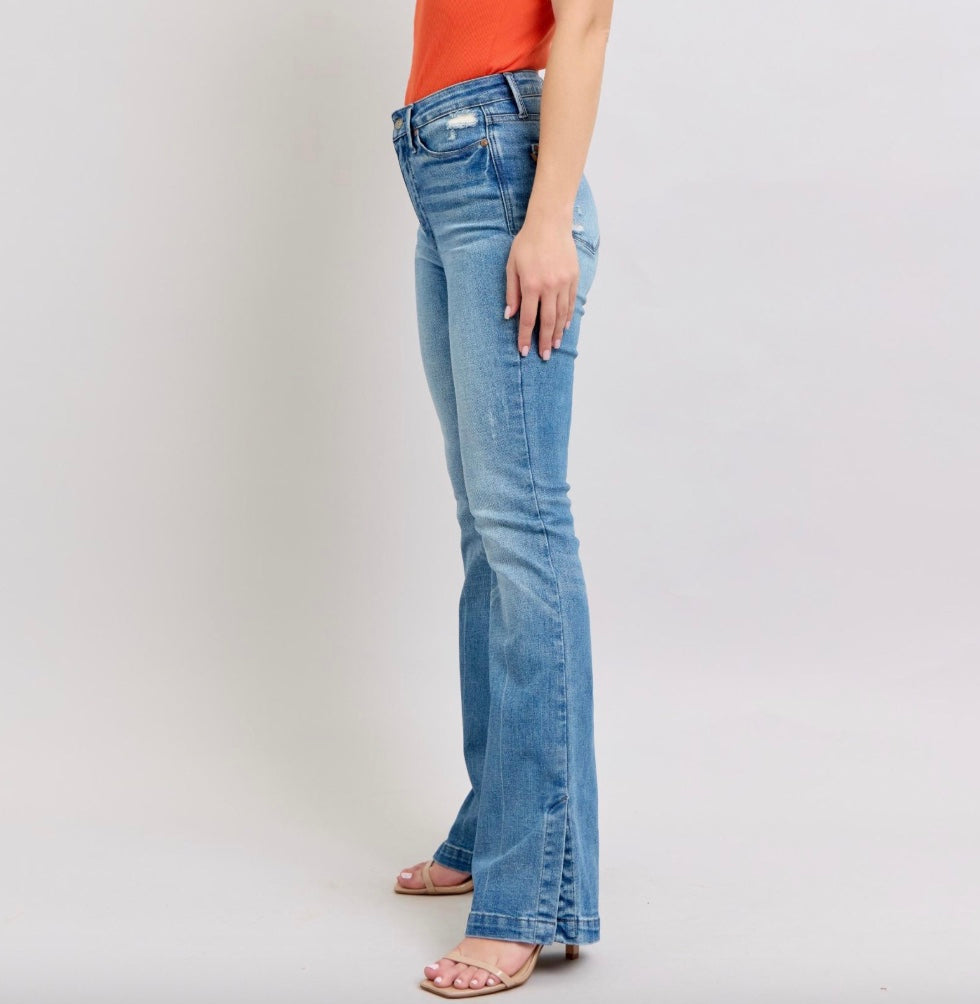 Judy Blue High Waist Tummy Control Vintage Wash Side Slit Slim Bootcut Jeans