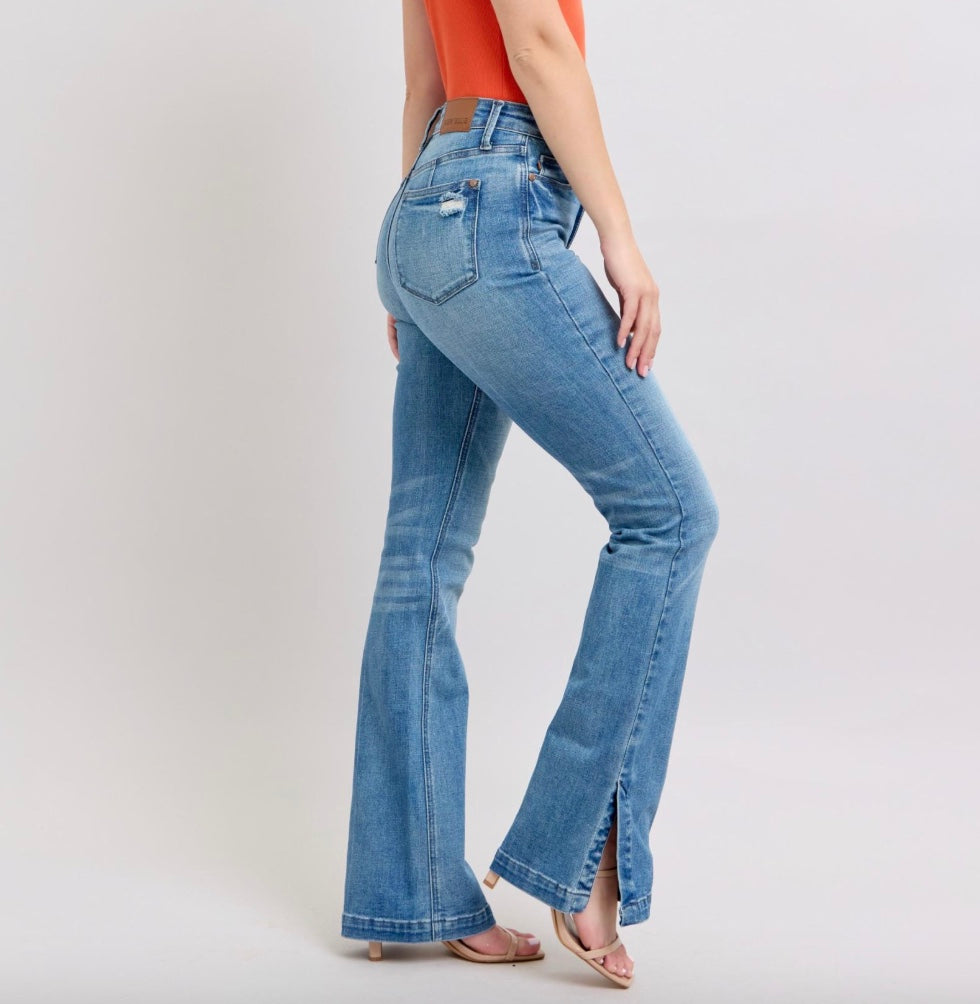 Judy Blue High Waist Tummy Control Vintage Wash Side Slit Slim Bootcut Jeans