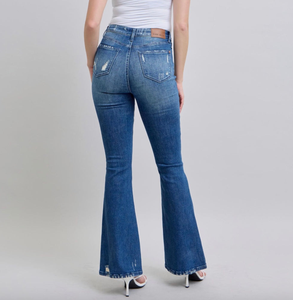 Judy Blue High Waist Contrast Wash Destroy Flare Jeans