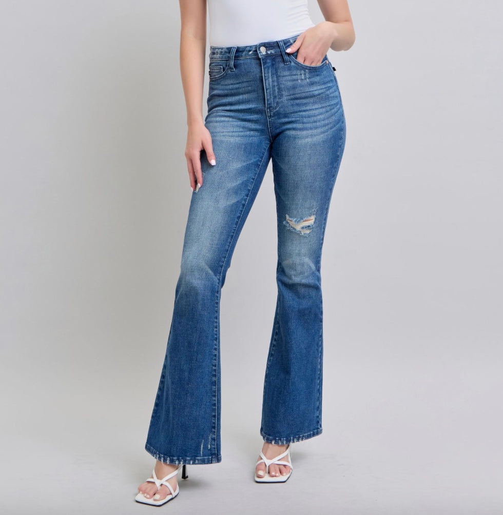 Judy Blue High Waist Contrast Wash Destroy Flare Jeans