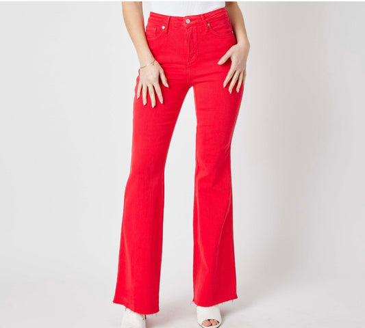 Judy Blue High Waist Tummy Control Red Garment Dyed Flare Jeans