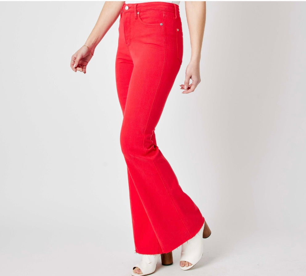 Judy Blue High Waist Tummy Control Red Garment Dyed Flare Jeans