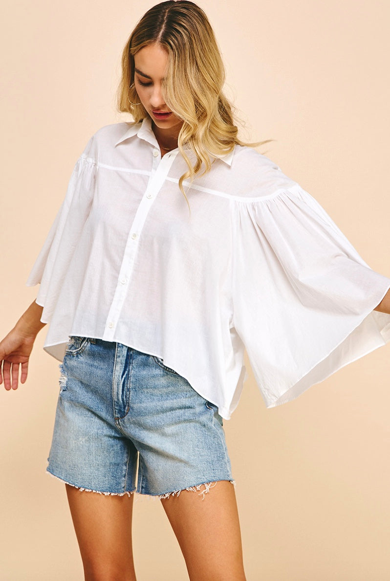 White Bell Sleeve Button Down Shirt